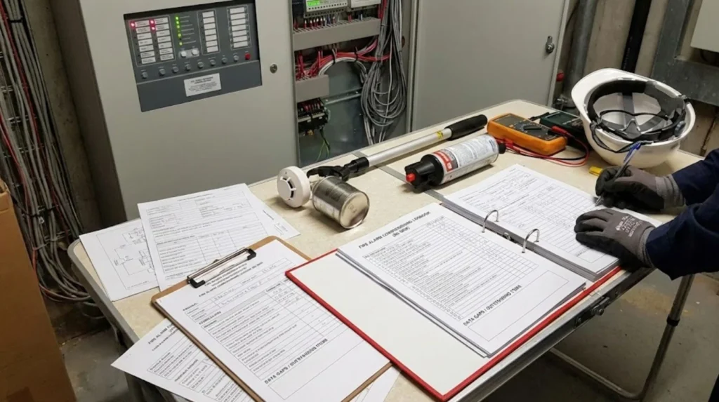 Fire alarm testing equipment and inspection paperwork on a workbench.