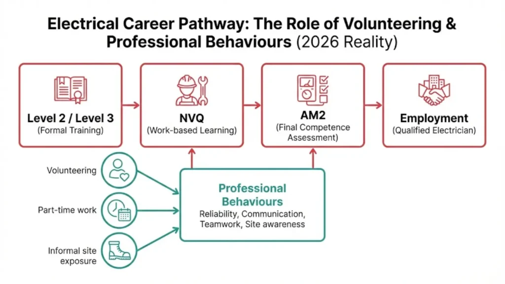 Flowchart showing an electrical career pathway with volunteering supporting formal qualifications