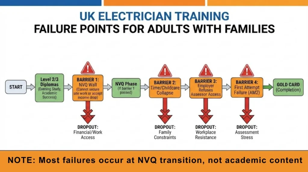 Flowchart showing common failure points in electrician training pathway for adults with families, with NVQ Wall as primary barrier