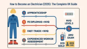 Four routes to qualify as a UK electrician leading to NVQ Level 3, AM2, and the ECS Gold Card.