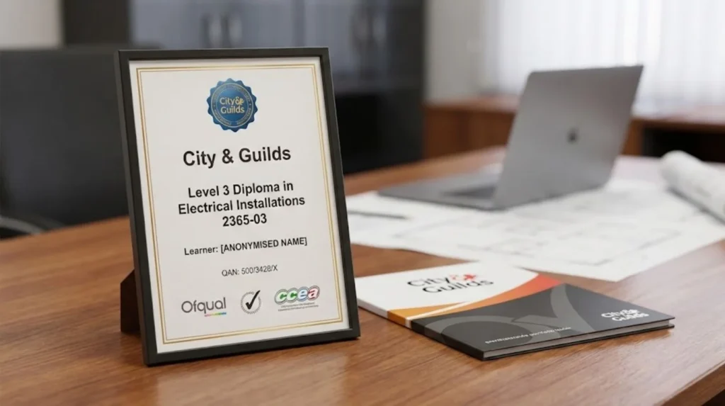 Framed City & Guilds Level 3 Diploma in Electrical Installations certificate displayed on a desk with study materials in the background.