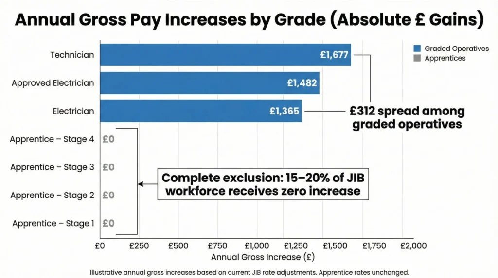 Horizontal bar chart comparing 2026 JIB annual gross increases showing Technicians gain £1,677, Approved Electricians £1,482, Electricians £1,365, while all apprentice stages receive £0 from pay determination