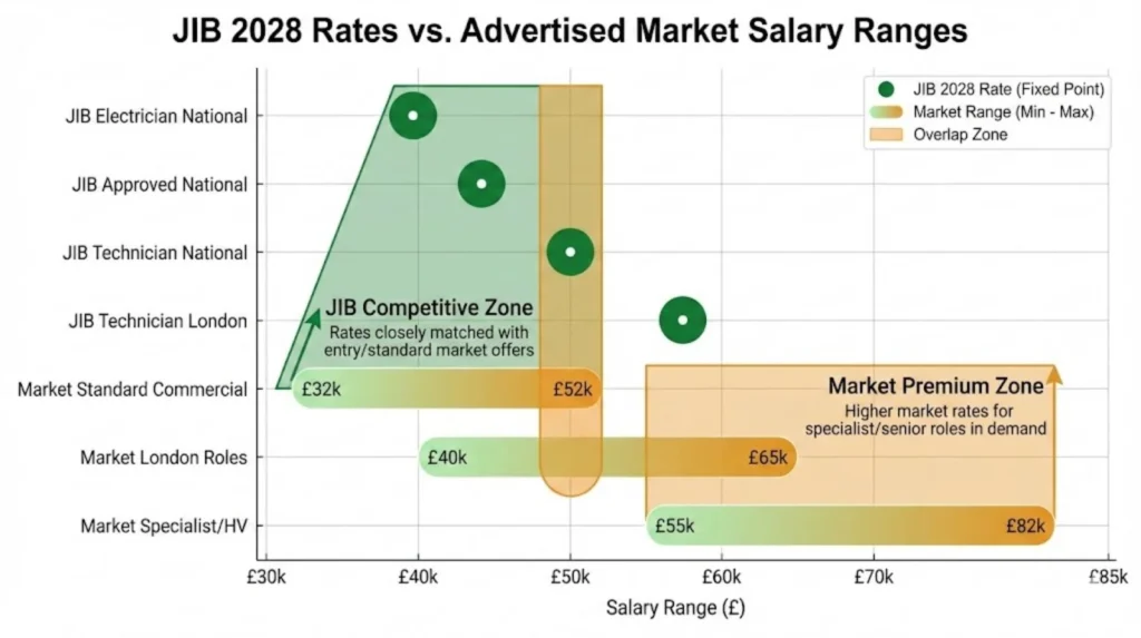 Horizontal bar chart comparing JIB 2028 projected rates of £39k-£54k to market advertised ranges of £35k-£85k showing JIB competitive in standard roles, below premium in specialist sectors