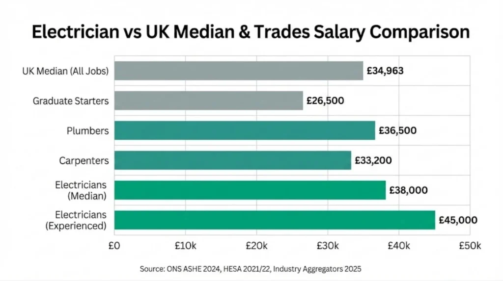 Horizontal bar chart comparing electrician median salary against UK average, other trades, and graduate starting salaries