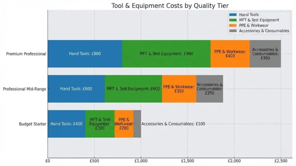Horizontal bar chart showing tool and equipment costs across budget, mid-range, and premium quality tiers