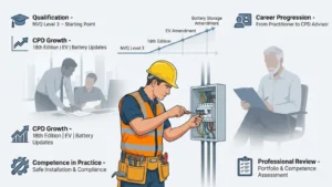 Illustrated featured image showing a UK electrician working onsite with icons and labeled timeline explaining NVQ Level 3 qualification, ongoing CPD milestones
