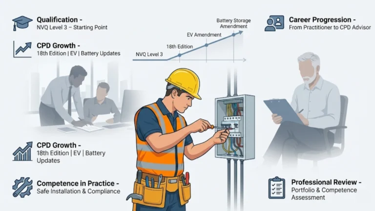 Illustrated featured image showing a UK electrician working onsite with icons and labeled timeline explaining NVQ Level 3 qualification, ongoing CPD milestones