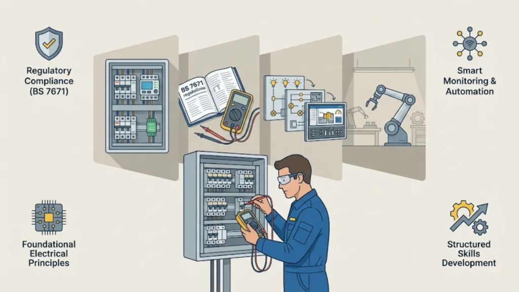 Illustrated featured image showing an electrician working onsite testing a distribution board, with layered shadow visuals of smart panels, BS 7671 compliance, training progression, and automation