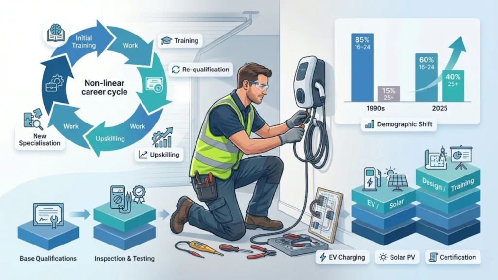 Illustrated featured image showing an electrician working onsite with layered infographic elements behind him, including a non-linear career cycle