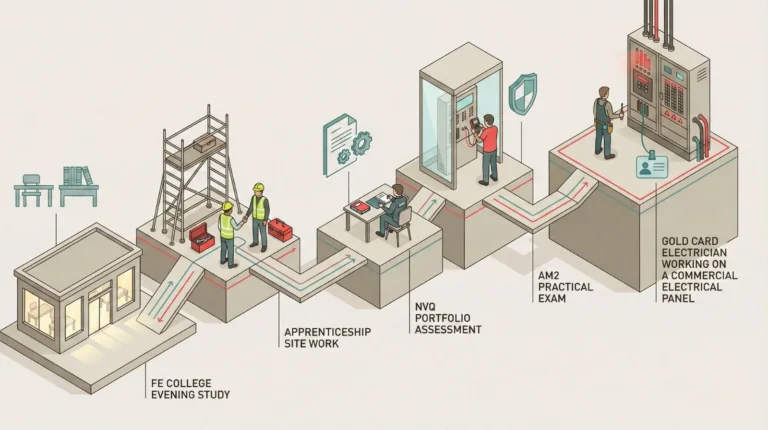 Illustrated pathway showing the journey from FE college study to Gold Card electrician through site work, NVQ, and AM2.
