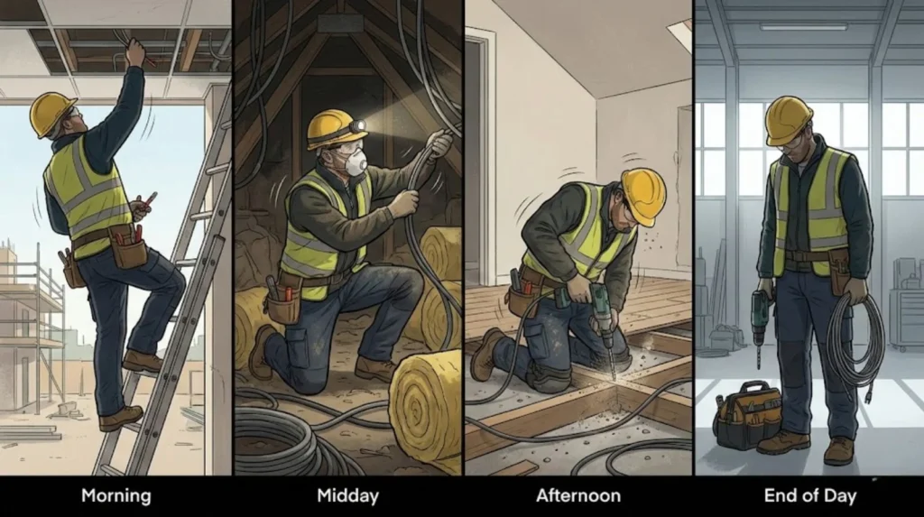 Illustrated sequence showing an electrician’s workday from morning tasks through physically demanding site work to end of day.
