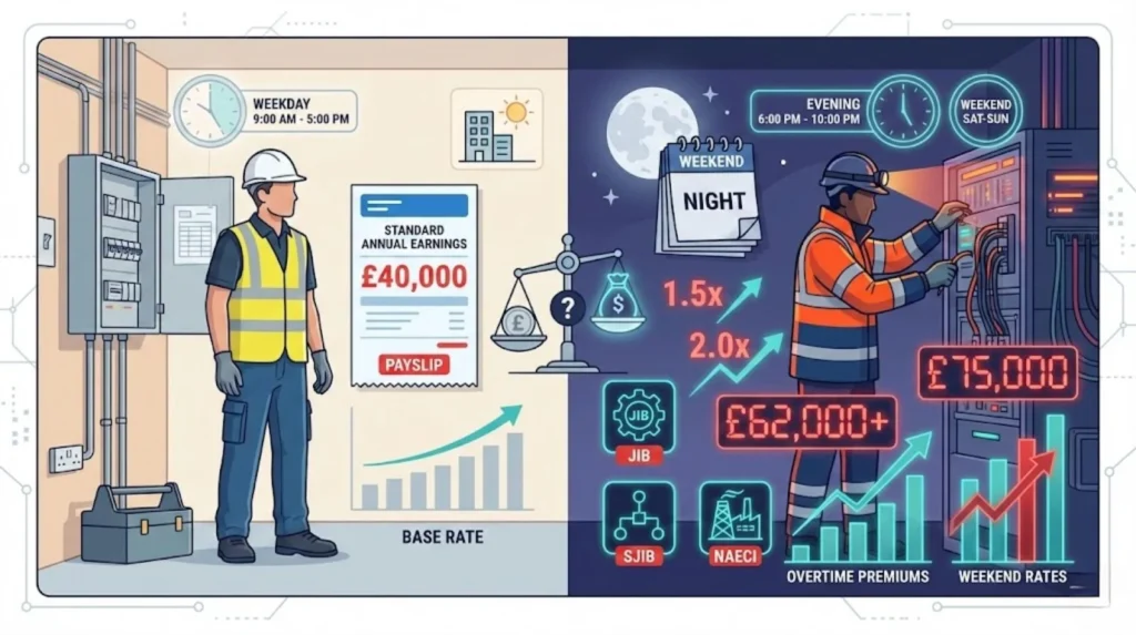 Illustration comparing an electrician’s daytime base salary with higher earnings from night, weekend, and overtime work.