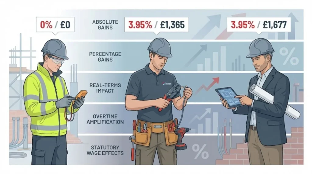 Illustration comparing electrician pay impacts, showing percentage gains, real-terms value, and overtime effects across different roles.