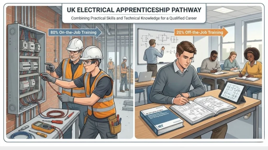 UK electrical apprenticeship pathway combining practical site work with classroom-based learning