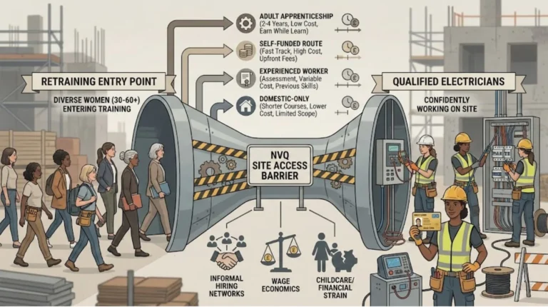 Illustration showing adult women entering electrician retraining, facing NVQ site access barriers on the route to qualified electrician roles.