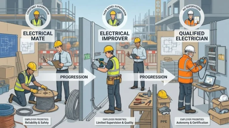 Illustration showing progression from electrical mate to electrical improver to qualified electrician, highlighting supervision levels and responsibilities.