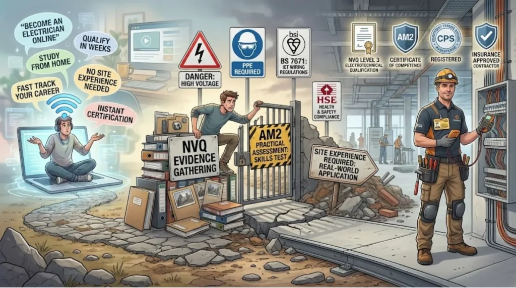 Illustration showing the journey from online electrician study to real-world site experience, NVQ evidence gathering, AM2 assessment, and certified professional electrician.