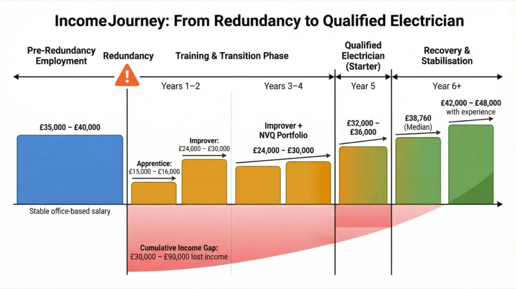 Income timeline showing financial progression from redundancy through electrician training to qualified status with cumulative income loss highlighted