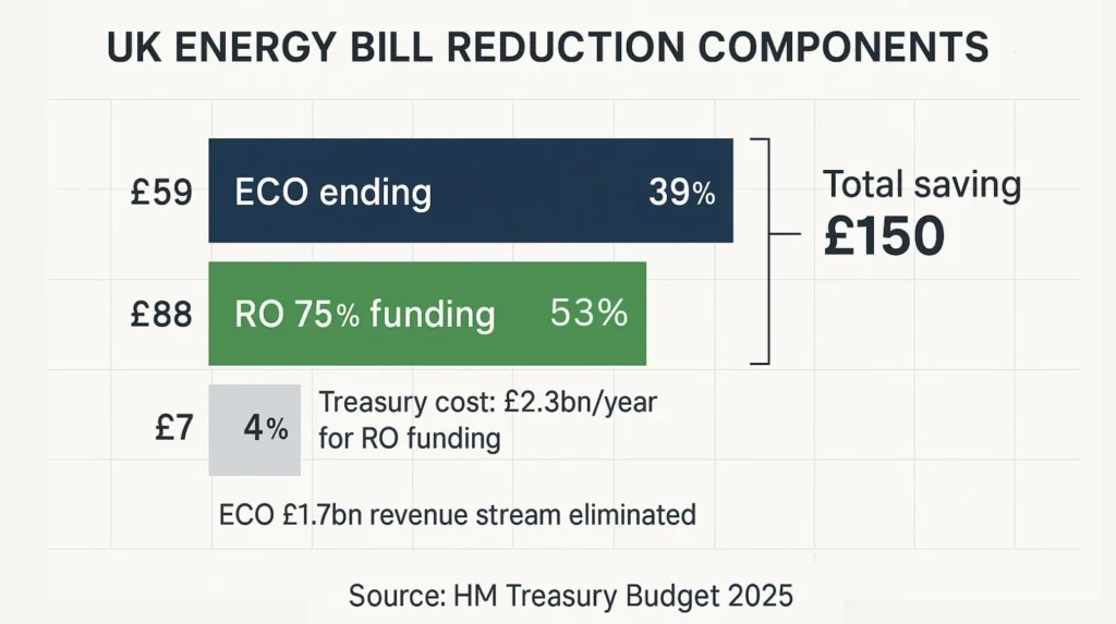 Infographic breaking down £150 energy bill reduction into ECO ending (£59), RO funding shift (£88), and VAT (£7)