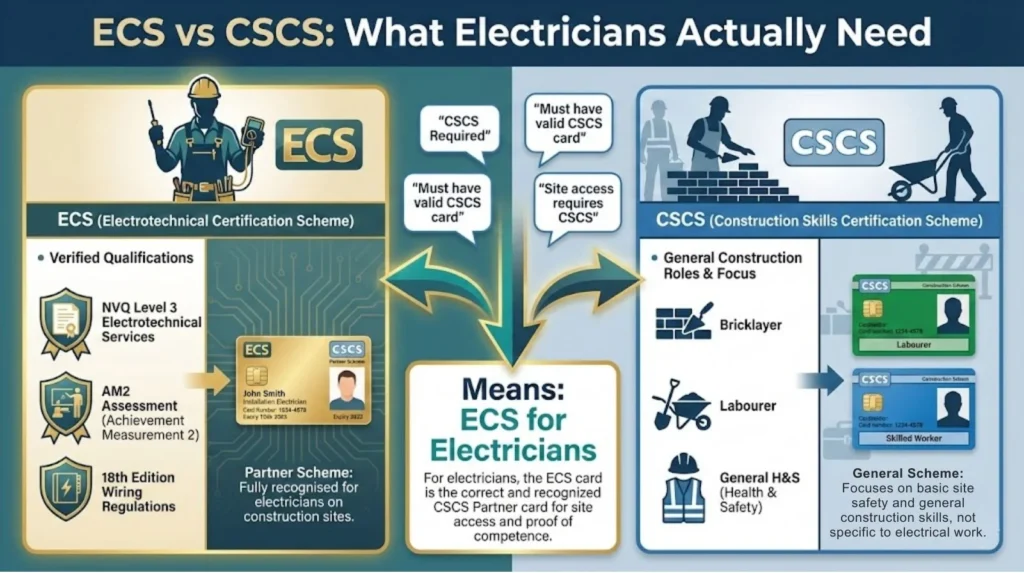 Infographic comparing ECS and CSCS cards, explaining that electricians need an ECS card while CSCS is for general construction roles.