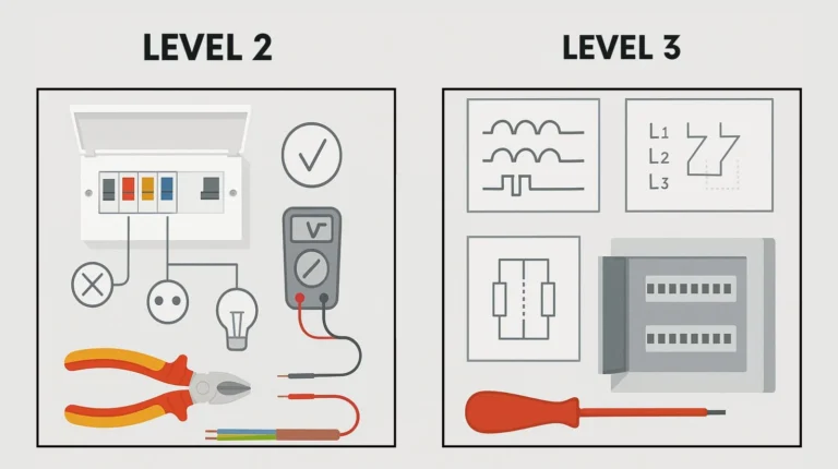 Infographic comparing Level 2 domestic electrical training with Level 3 advanced three-phase and commercial systems