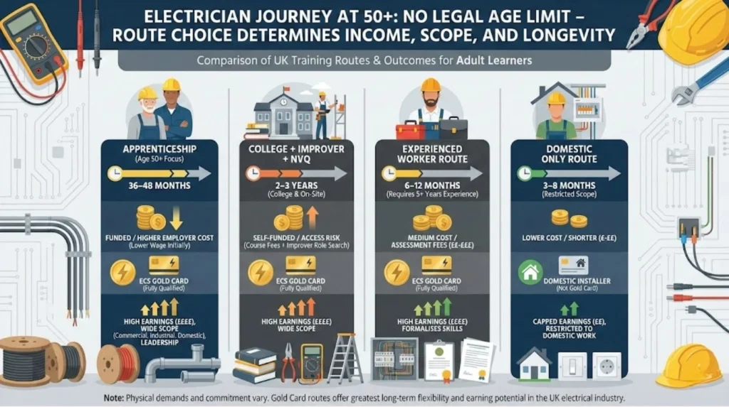 Infographic comparing UK electrician training routes for adult learners over 50, showing timelines, costs, scope, and outcomes including ECS Gold Card options.