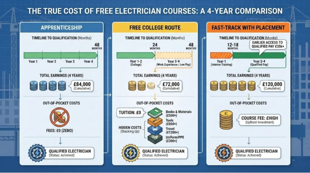 Infographic comparing apprenticeship, free college route, and fast track electrician training over four years, showing timelines, earnings, and costs.