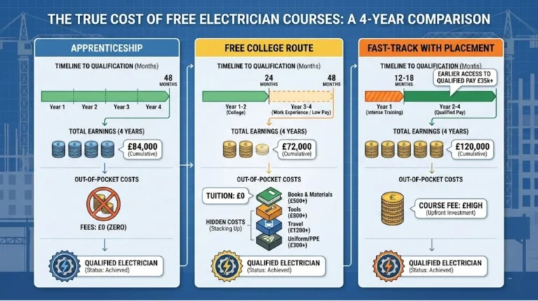 Infographic comparing apprenticeship, free college route, and fast track electrician training over four years, showing timelines, earnings, and costs.