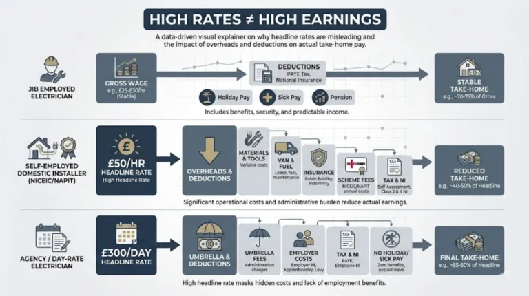 Infographic comparing electrician pay routes, showing how high advertised rates are reduced by taxes, overheads, and fees to lower real take-home pay.
