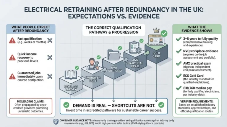 Infographic comparing expectations versus evidence for retraining as an electrician after redundancy in the UK, showing the realistic qualification pathway from Level 23 theory to ECS Gold Card.