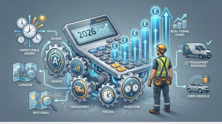 Infographic illustrating electrician pay progression and earnings factors, including overtime, grades, location, and transport, projected to 2026.