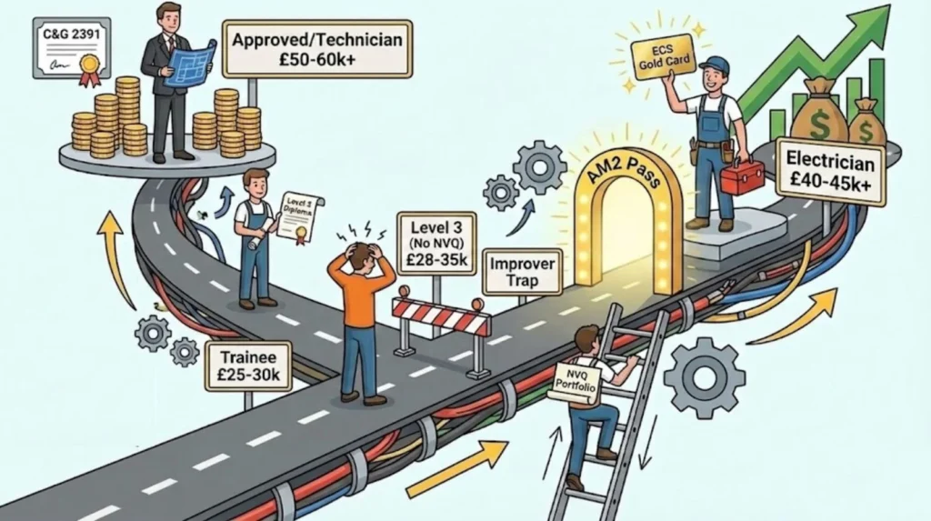 Infographic illustration showing the career pathway and salary progression for UK electricians, from Trainee to ApprovedTechnician
