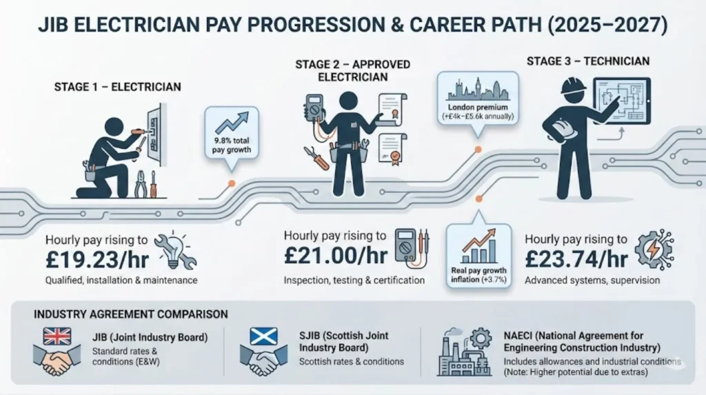 Infographic showing JIB electrician pay progression and career path from Stage 1 Electrician to Stage 3 Technician, with hourly rates rising from £19.23 to £23.74 between 2025–2027.
