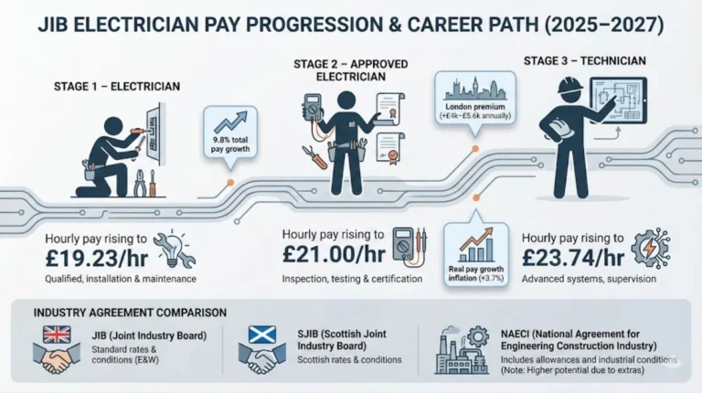 Infographic showing JIB electrician pay progression and career path from Stage 1 Electrician to Stage 3 Technician, with hourly rates rising from £19.23 to £23.74 between 2025–2027.