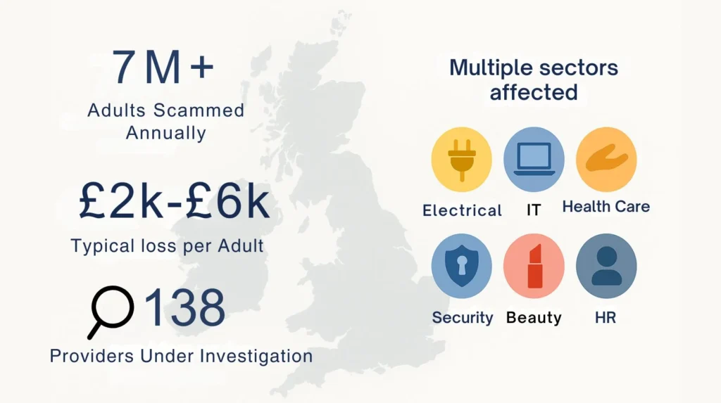 Infographic showing UK scam statistics over 7 million adults scammed annually, typical loss £2k–£6k, and 138 providers under investigation