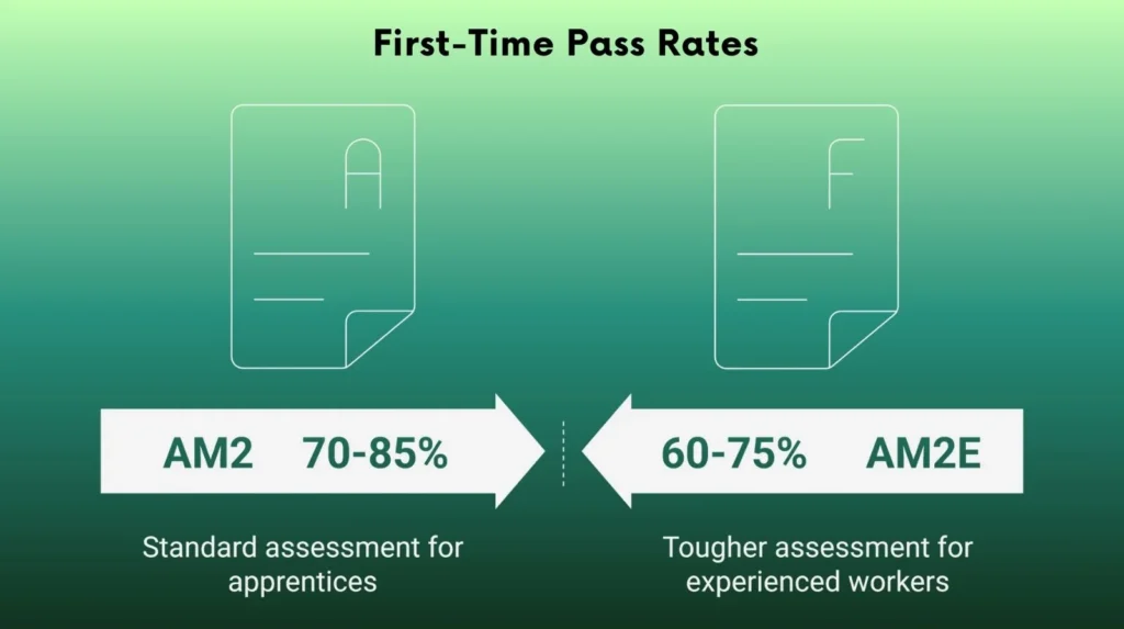Infographic showing first-time pass rates AM2 at 70–85_ and AM2E at 60–75_.