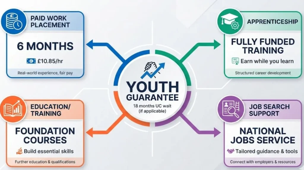 Infographic showing four Youth Guarantee pathways paid placements, apprenticeships, training, and job search support