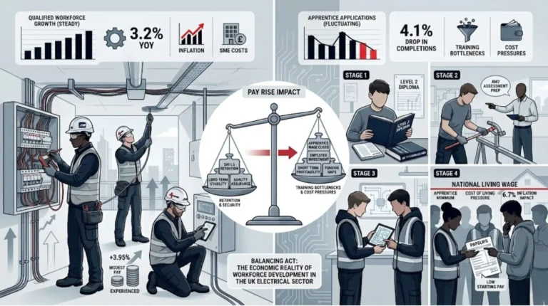 Infographic showing pay rise impacts, apprentice training stages, and workforce pressures in the UK electrical sector.