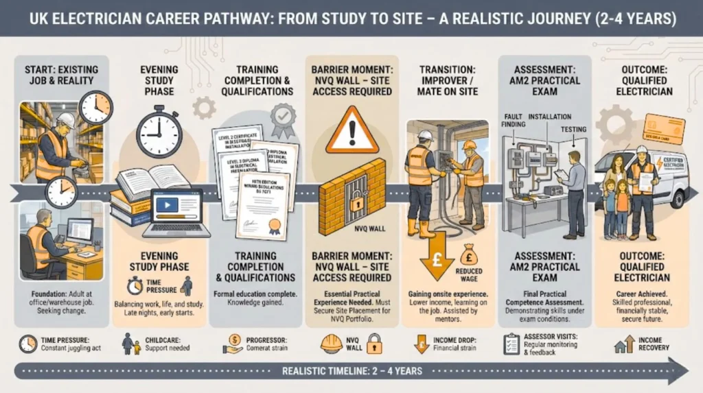 Infographic showing the UK electrician career pathway from adult study through site work to qualification over 2–4 years.