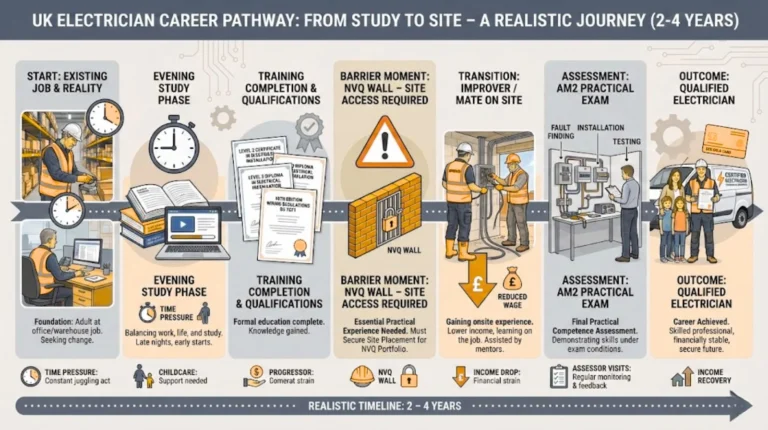 Infographic showing the UK electrician career pathway from adult study through site work to qualification over 2–4 years.