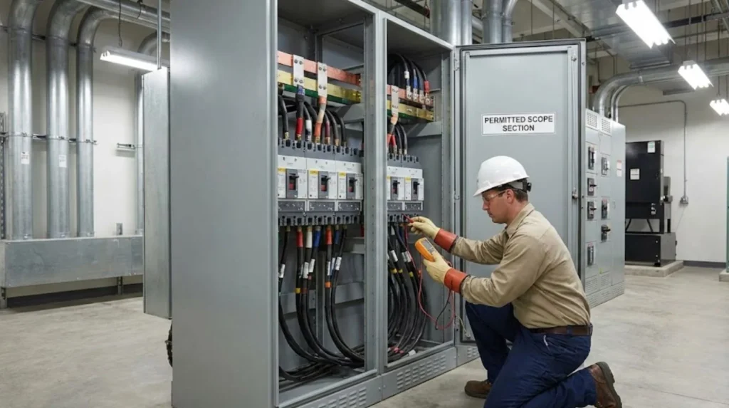 Installation electrician working on commercial three-phase distribution board in industrial environment