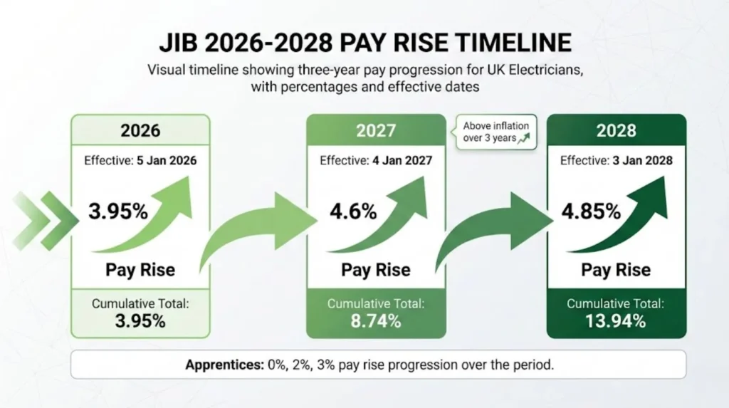 JIB 2026-2028 wage deal timeline showing 3.95_ rise in 2026, 4.6_ in 2027, 4.85_ in 2028 for cumulative 13.94_ increase over three years
