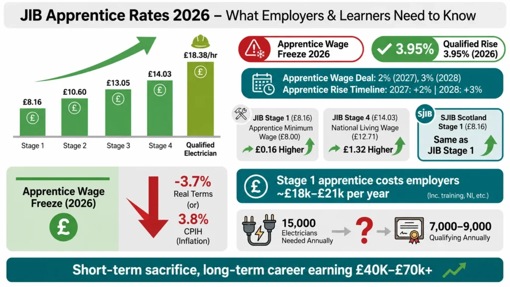 JIB Apprentice Rates 2026 from Stage 1 £8.16 to Qualified Electrician £18.38