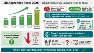 JIB Apprentice Rates 2026 from Stage 1 £8.16 to Qualified Electrician £18.38