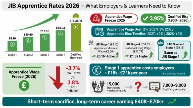JIB Apprentice Rates 2026 from Stage 1 £8.16 to Qualified Electrician £18.38