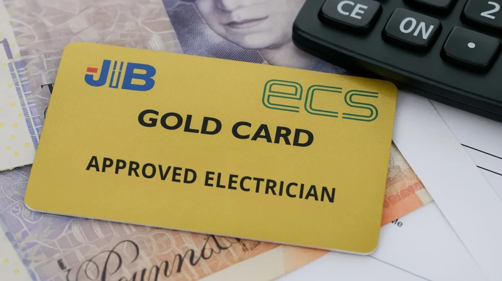 JIB Gold Card electrician credential with UK currency representing qualified electrician earning