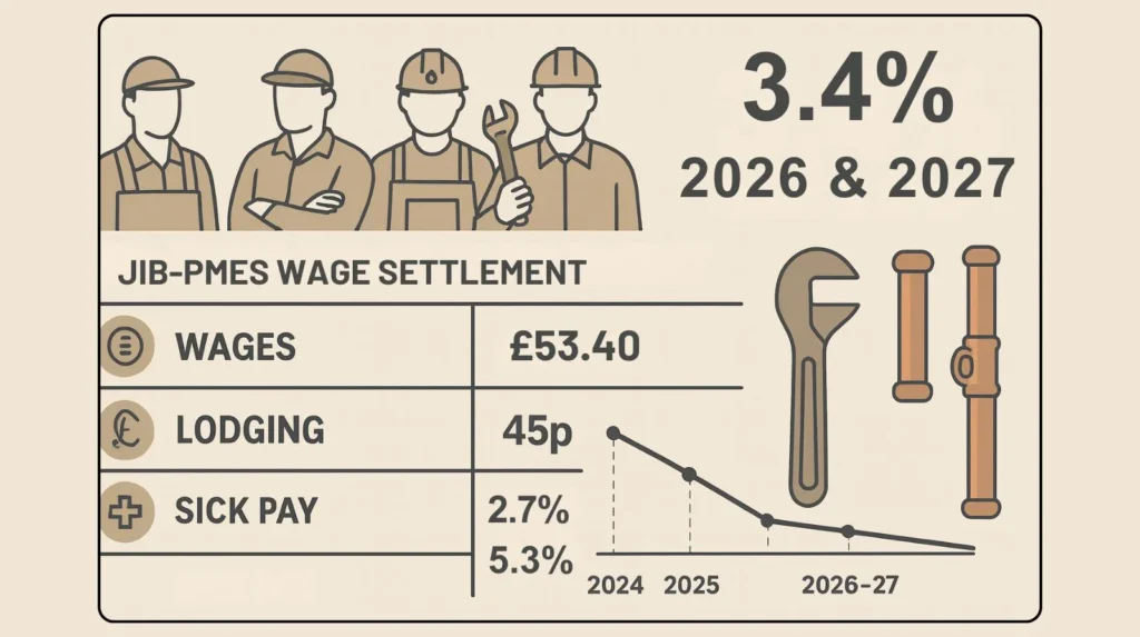 JIB-PMES wage settlement with worker, 3.4% wage increase for 2026-27, rates for wages, lodging, sick pay, and a wage trend line from 2024-27