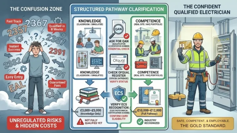 Journey from confusing electrician course options to a structured, verified qualification pathway and a fully qualified electrician with ECS Gold Card.