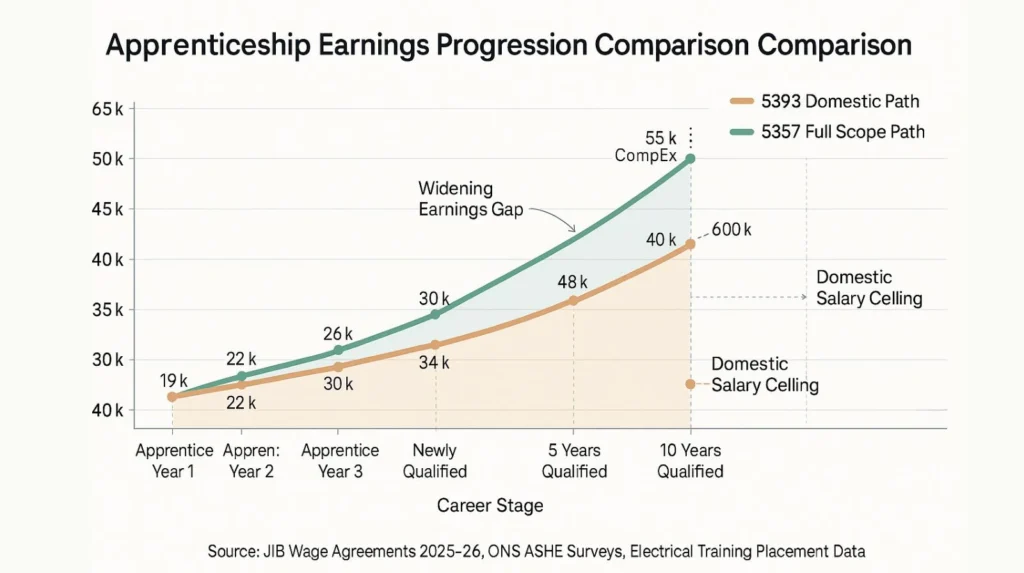 Line chart comparing earnings progression from apprentice to experienced electrician for 5393 domestic versus 5357 installation standards