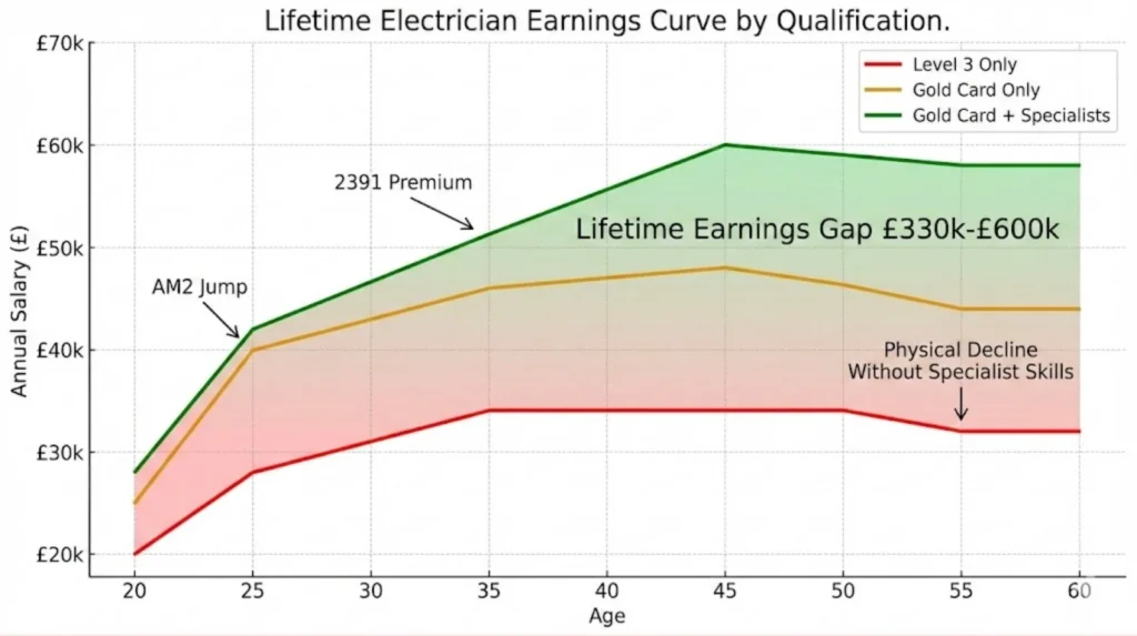 Line chart comparing lifetime electrician earnings for Level 3 only, Gold Card only, and Gold Card plus specialist qualifications showing £600k career earnings difference